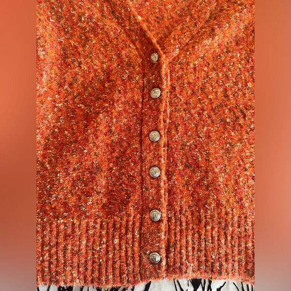Karl Lagerfeld Paris orange ruffle shoulder cardigan sweater, wool blend, medium - Picture 7 of 14